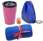 Плед 150х180см синий, термокружка  350мл розовая (металл/пластик) в рюкзачке