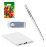 Набор:Внешний аккумулятор  белый 2500 мАч, ручка белая, флешка софт-тач белая  подарочном пакете