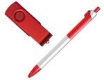 Набор: ручка металлическая серебро/красный и флешка красный 