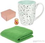 Набор зеленый: плед 100х140см  и кружка 330мл в подарочной коробке