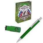 Набор: ручка металлическая зеленая и флешка зеленая подарочном пакете