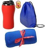 Плед 130х150см синий, термокружка вакуумная  380мл софт-тач в рюкзачке