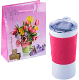 380мл,Термокружка вакуумная 'Funny" белая, розовая, силикон  в подарочном пакете