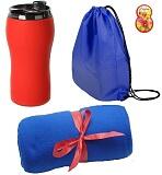 Плед большой 150х180см синий, термокружка вакуумная  380мл софт-тач в рюкзачке