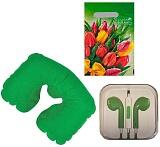 Набор: наушники и подушка надувная дорожная в футляре зеленая в пэ пакете