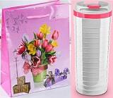 350мл,Термостакан "Каскад" бело-розовый, в подарочном пакете